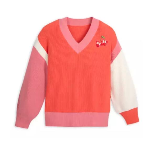 Disney Minnie Mouse Icon Cherries Color-Block Pink Sweater by Her Universe Small - Picture 1 of 6